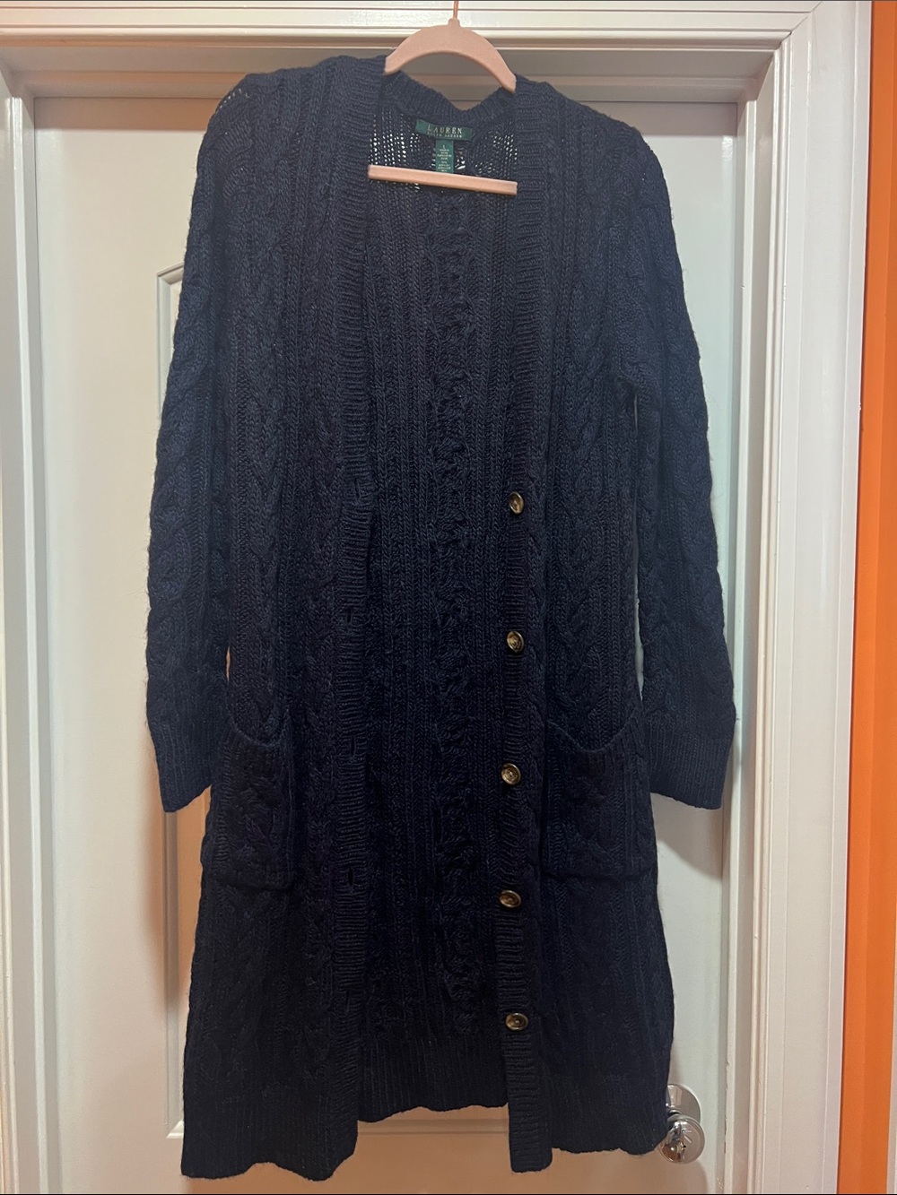 Lauren Ralph Lauren Navy Cable Knit Long Cardigan with Pockets